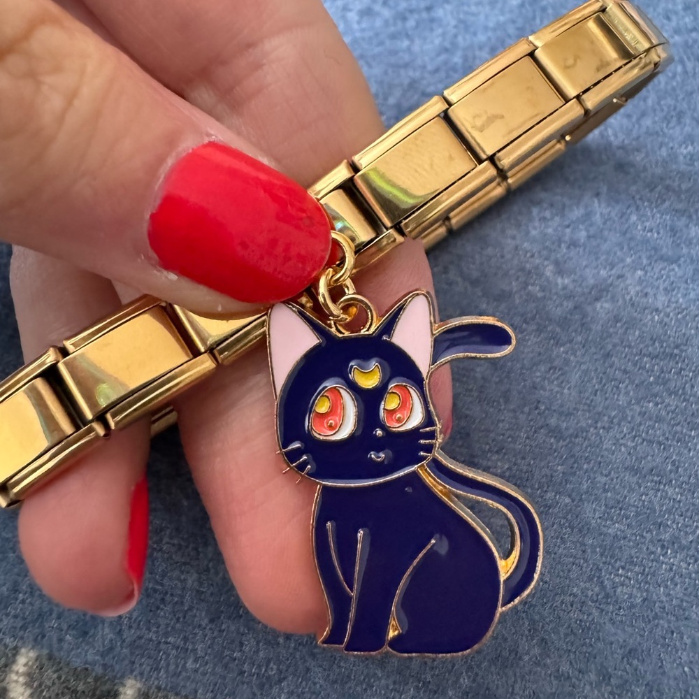 Sailor Moon Luna Cat Enamel Charm on Golden Italian Bracelet